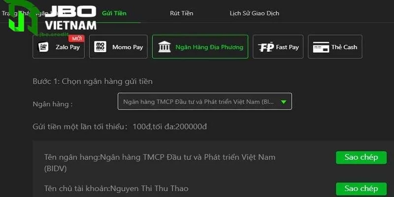 Quy trình nạp tiền đơn giản tại JBO